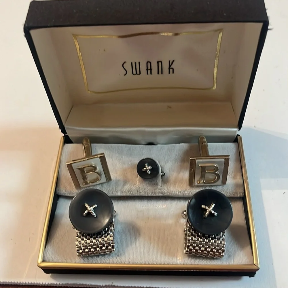 Vintage Swank Cufflinks B Monogram 5 piece set Black Silver Rare